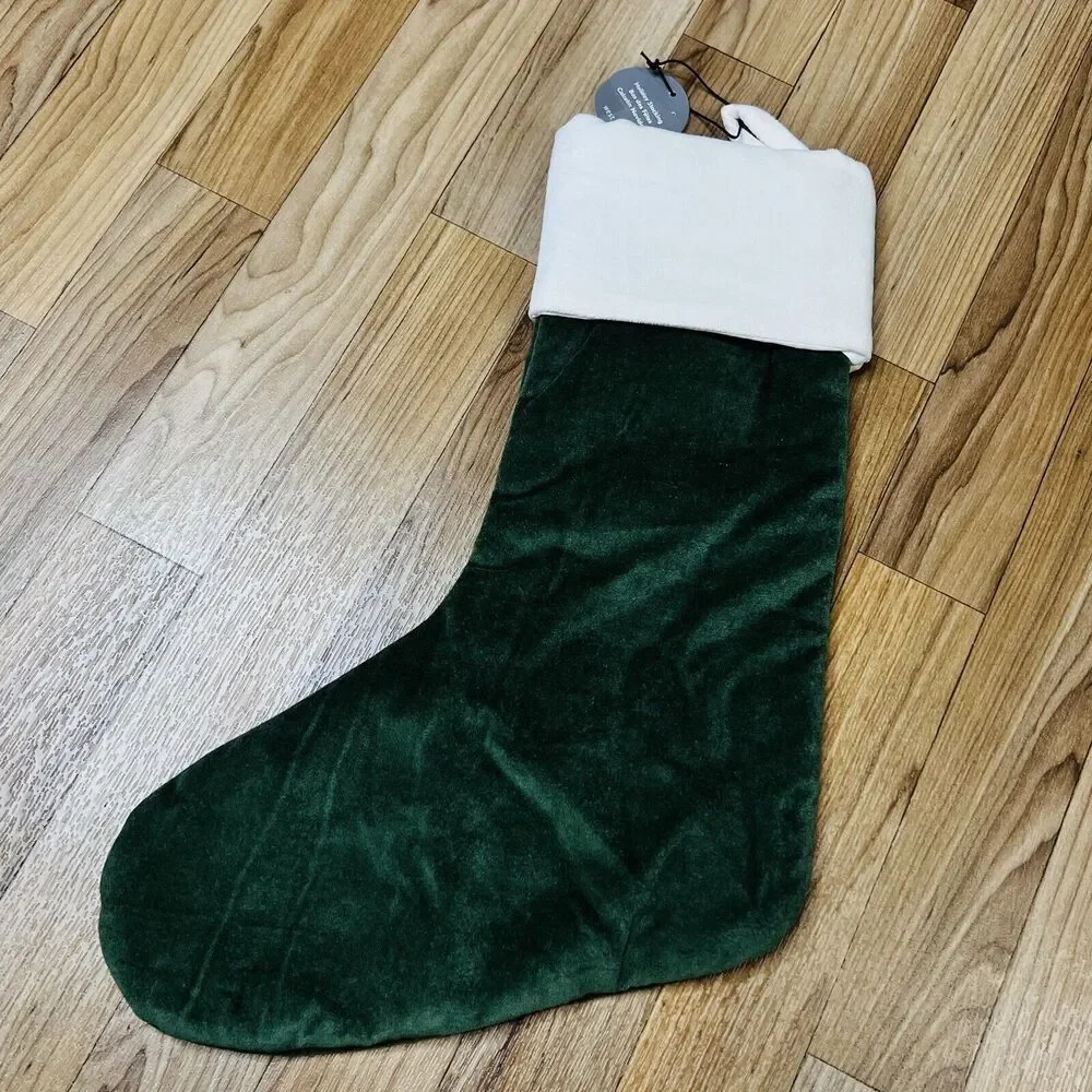 West Elm JORDAN Christmas Stocking Green White Velvet Mono