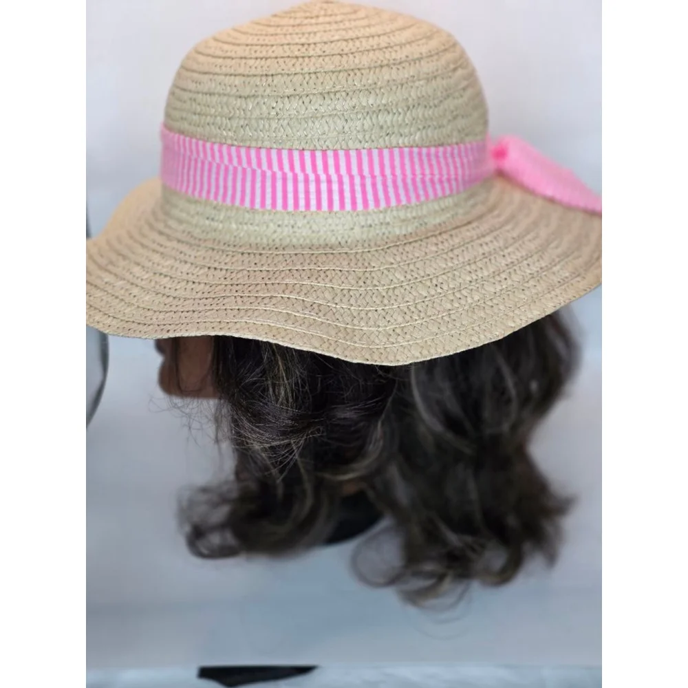 Girls Unbranded Straw Sun Hat with Pink Stripe Bow One Size