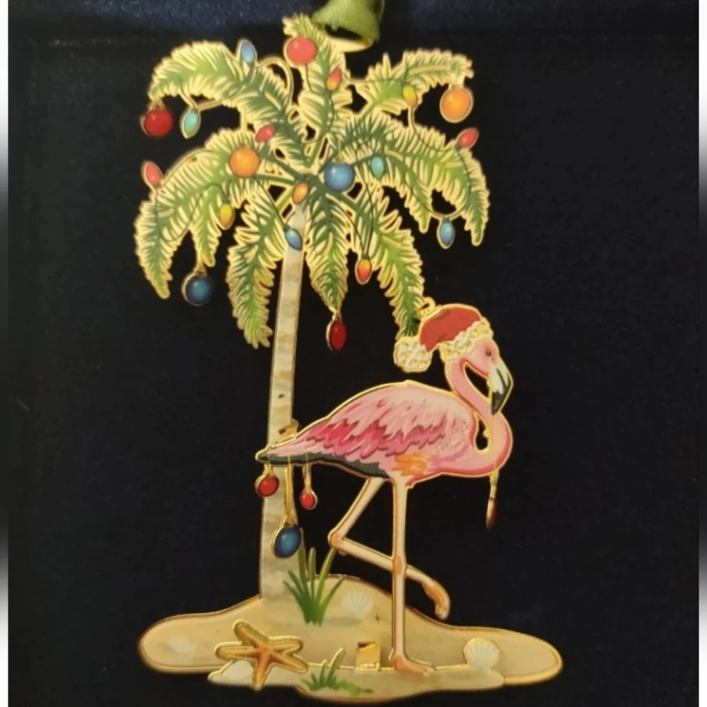 Vintage Christmas Ornament Baldwin Festive Flamingo 24k Gold Plated Brass
