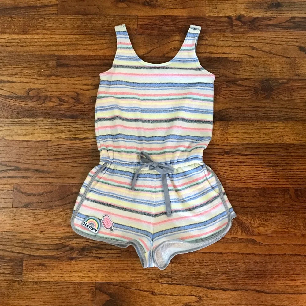 Justice 1 Pc Multicolor Stripe Shorts Romper Happy Rainbow Chill Ice Cream Pocke