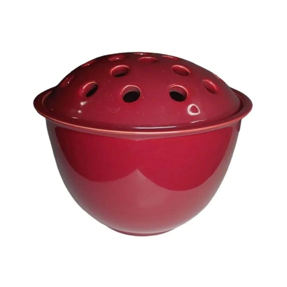 Flower Floral Glazed Ceramic Plant Pot with Frog Lid Burgundy / Maroon Vase Bowl