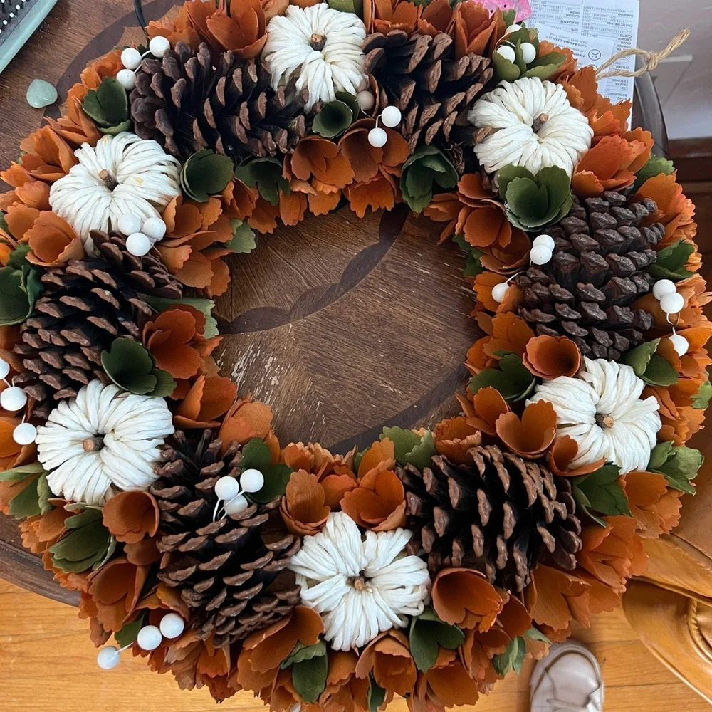 Rustic Autumn Wreath with Pinecones and White Accents