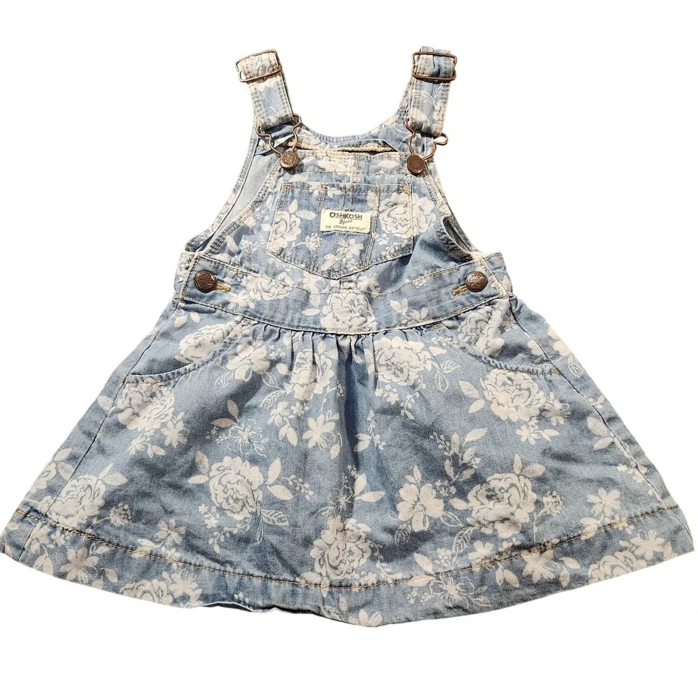 Vintage Y2K OshKosh B'gosh Denim Overall Dress Toddler Girls 18M Floral Jumper