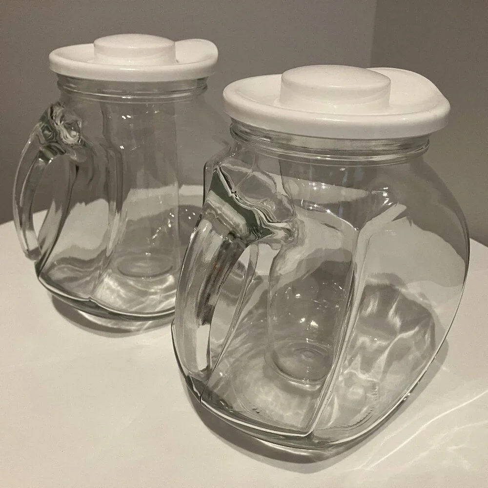 2 Crate & Barrel Iced Tea/Lemonade Glass Pitcher with Ice Insert and White Lid