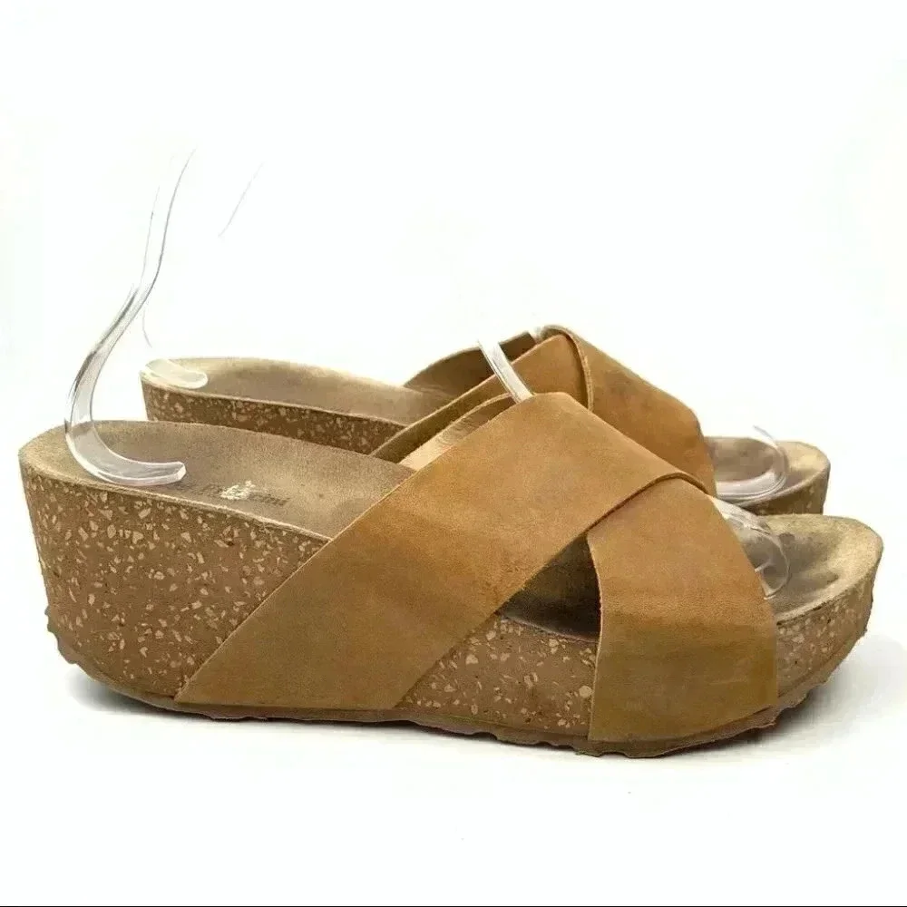 Cristina Francini sandals size 8.5 tan Italian leather chunky cork flatforms