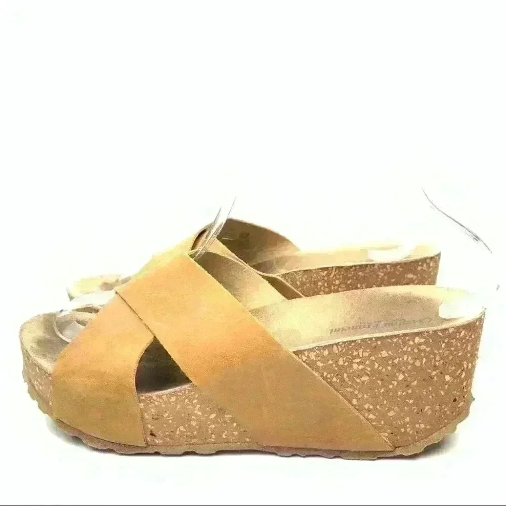 Cristina Francini sandals size 8.5 tan Italian leather chunky cork flatforms