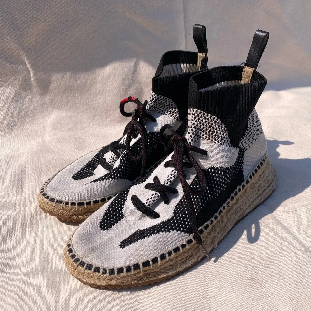 Alexander Wang Dakota Espadrille Sock Knit Lace up Shoe Black and White 38