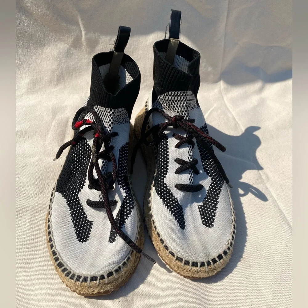 Alexander Wang Dakota Espadrille Sock Knit Lace up Shoe Black and White 38
