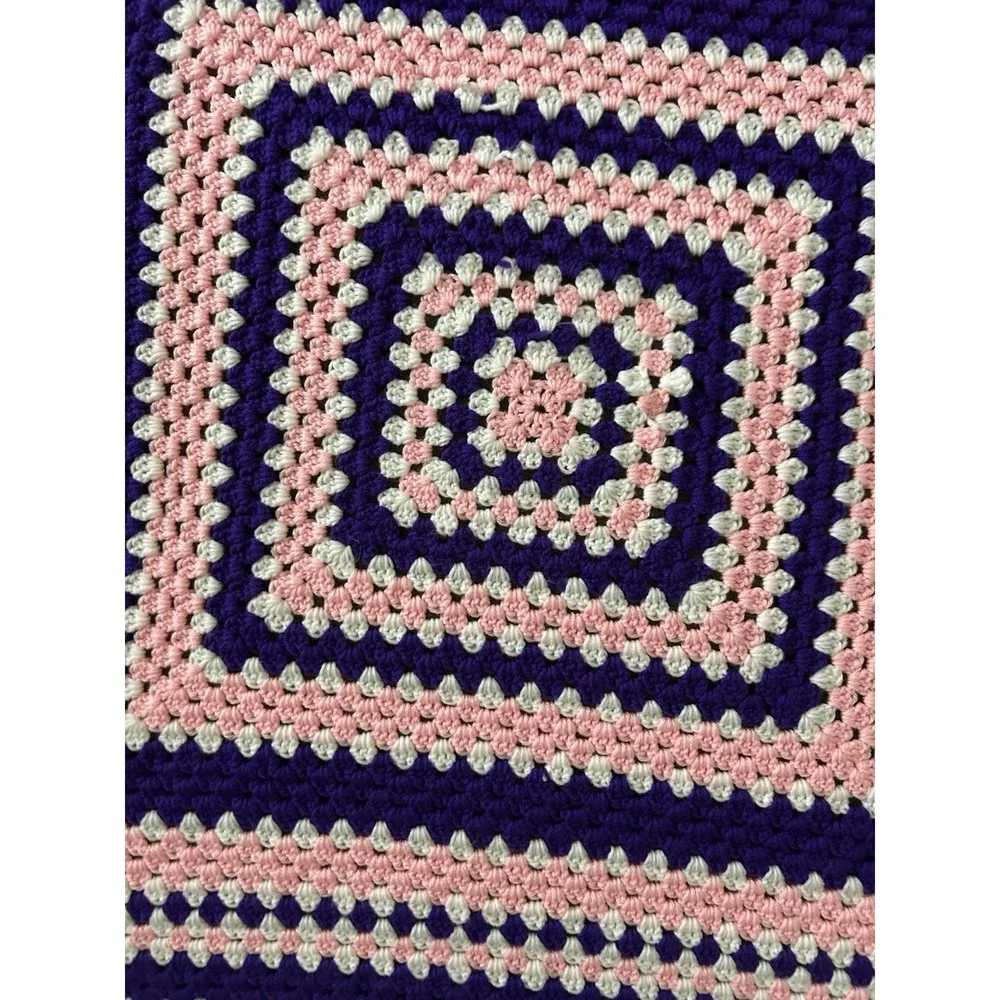 Vintage Afghan Granny Square Blanket Hand Crocheted Pink Purple Tassel 41x39