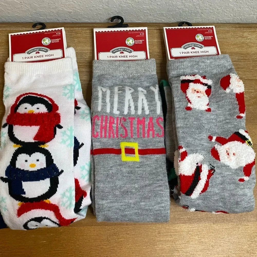 New Women Holiday Christmas Knee High Socks Bundle of 3 Winter Cute Silly