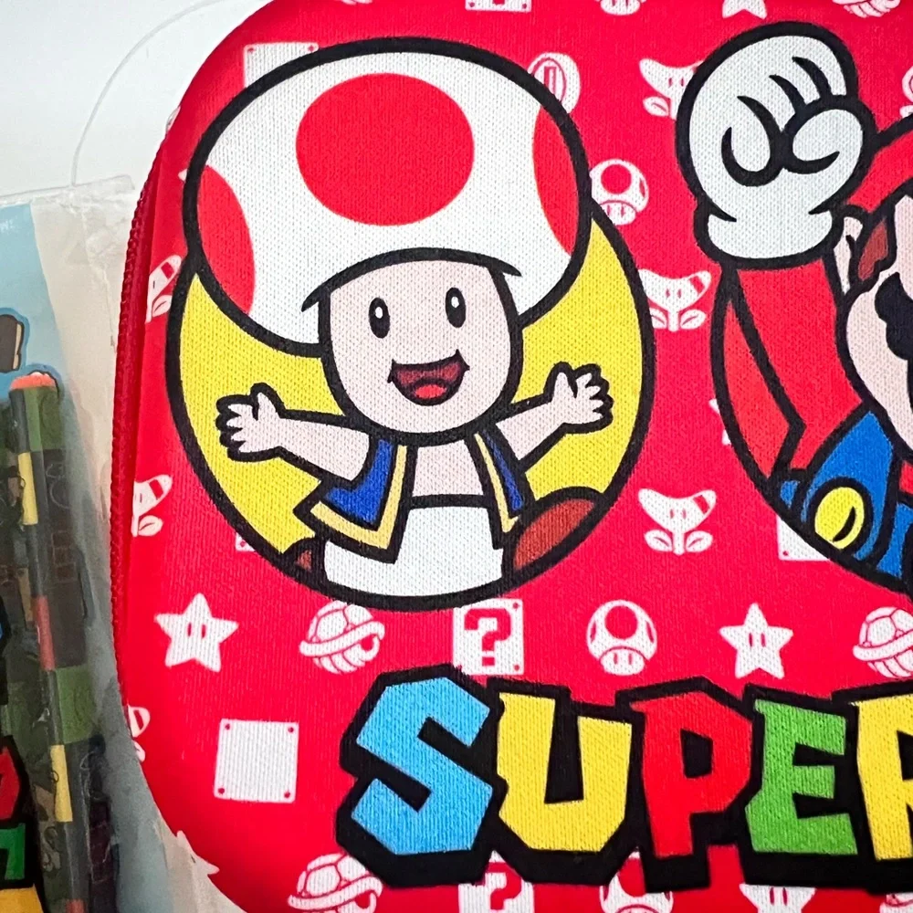 NEW Nintendo Super Mario Pencil Case & Pens & Stickers Set