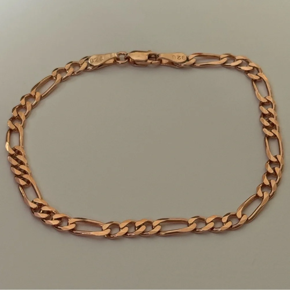 925 Silver 5mm 8.5” bracelet figaro chain 14k rose gold plated unisex