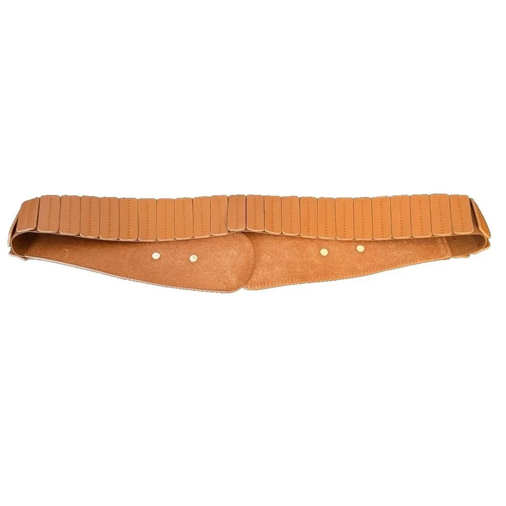 NWOT Women Wide Brown Elastic Band Belt faux leather brass ring and hook 38