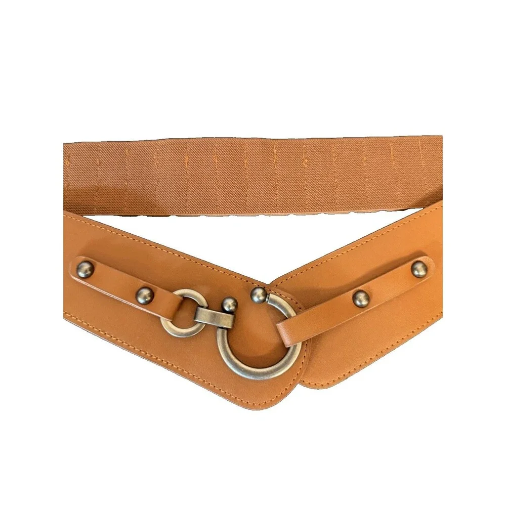 NWOT Women Wide Brown Elastic Band Belt faux leather brass ring and hook 38