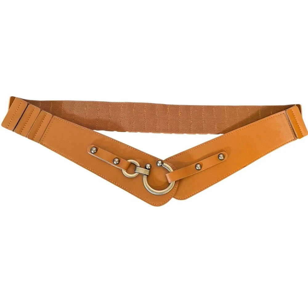 NWOT Women Wide Brown Elastic Band Belt faux leather brass ring and hook 38