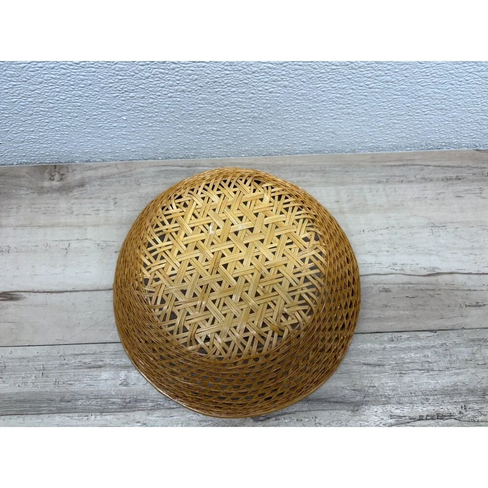 Vtg Handwoven Bamboo Round Wicker Basket 9