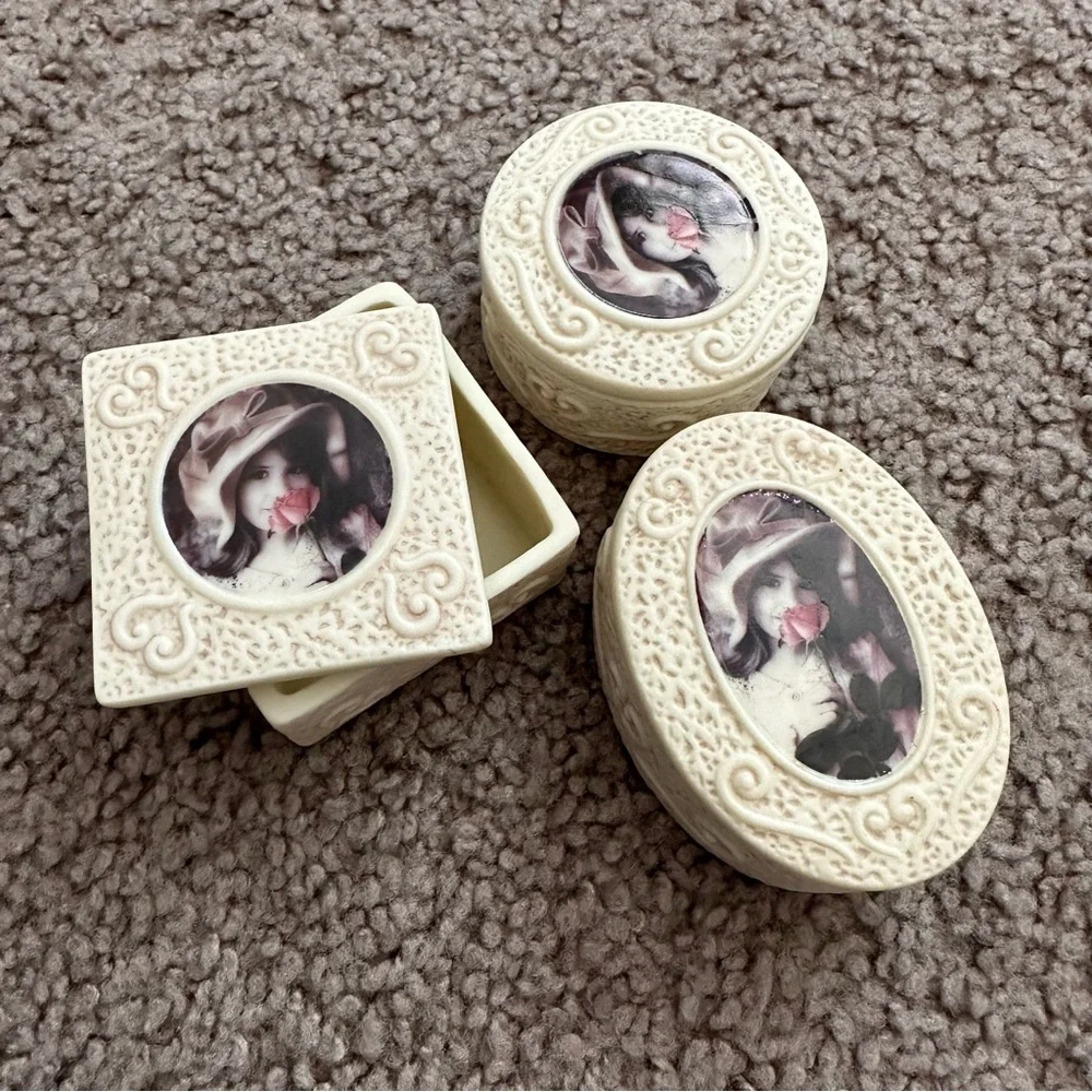Enesco Kim Anderson's Pretty As A Picture Jewelry Box Vintage Set of 3