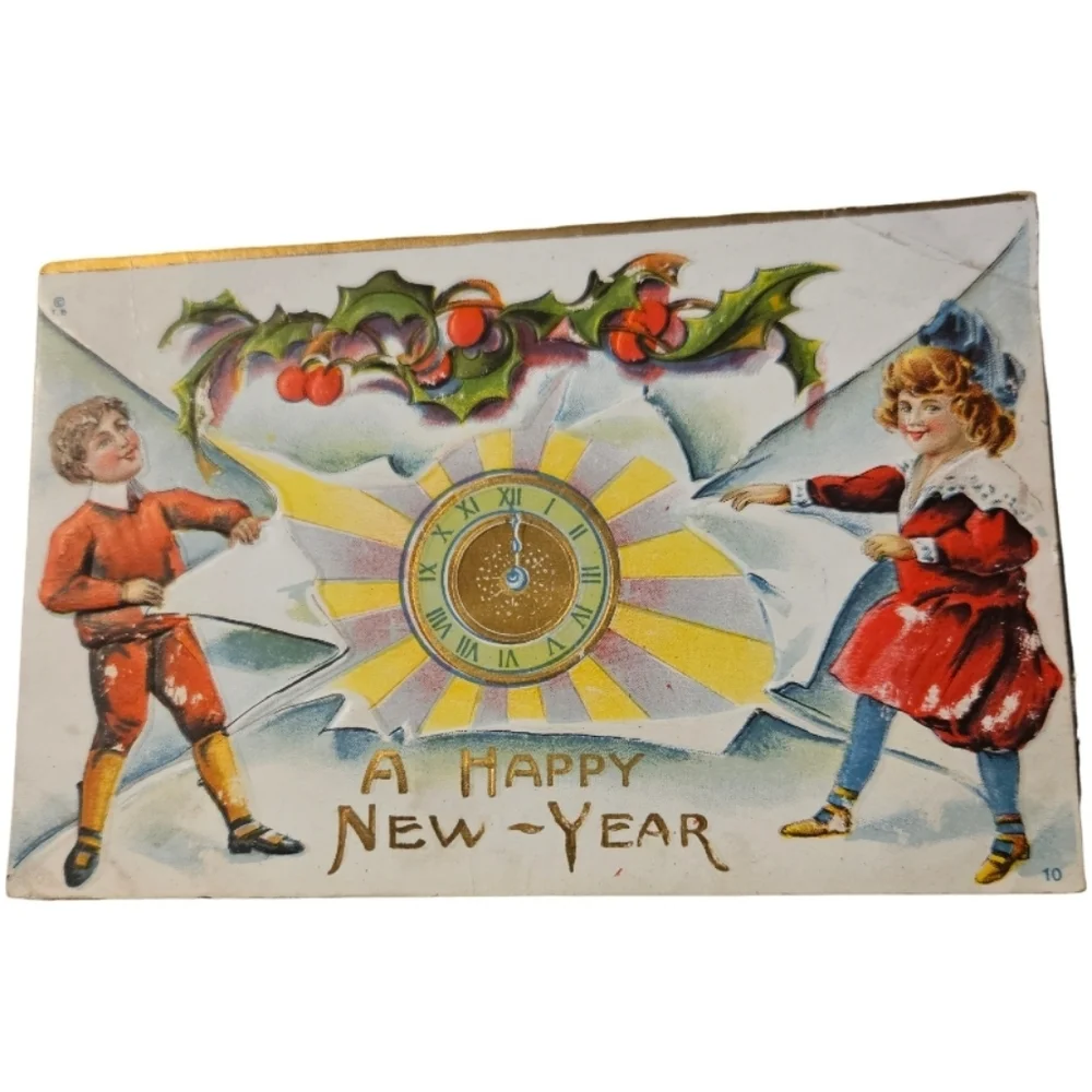 1912 Antique New Year Postcard with Children and Clock Signed
