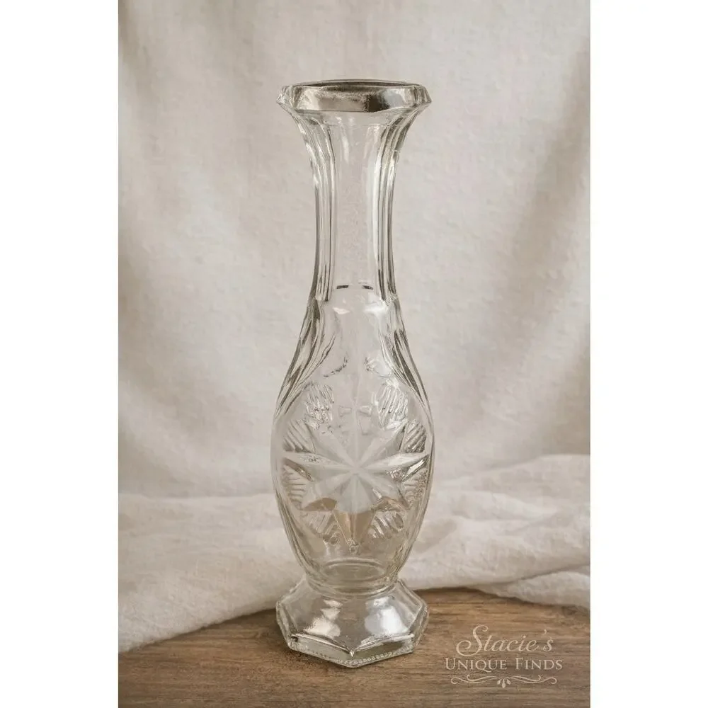 Clear Rounded Star Engraved Vase, 9 inches tall, ribbed sides, Great condition