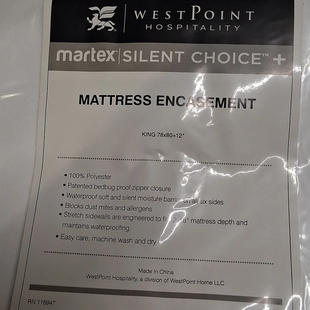 NWT West Point Hospitality Silent Choice Plus Mattress Encasement KING 78x80+12