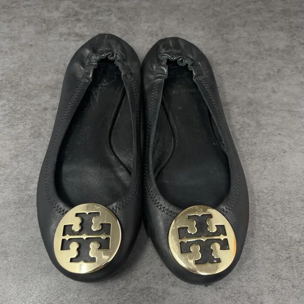 Tory Burch Minnie Travel Ballet Flats Womens Size 5 Black Leather Slip On Shoes