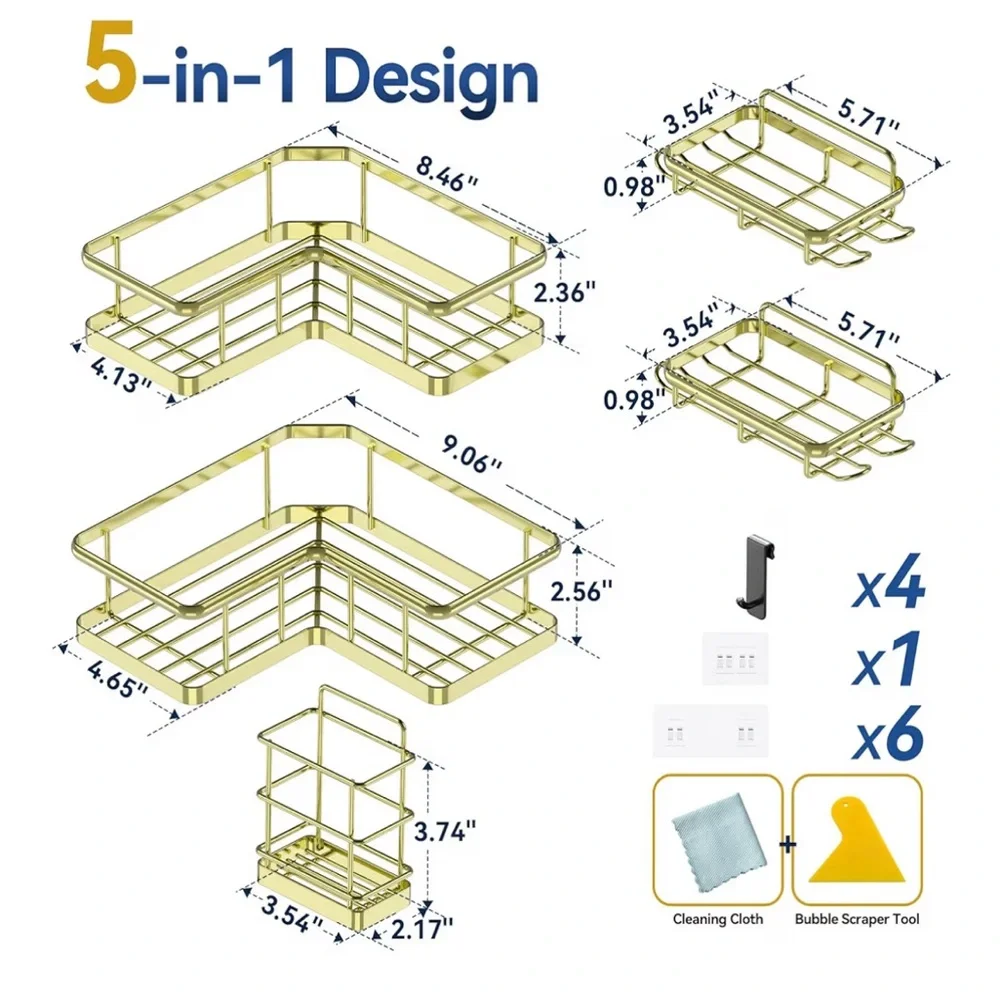 5pc Self Adhesive Wall-Mounted Bathroom Organizer Set Shower Caddy No Drill Gold