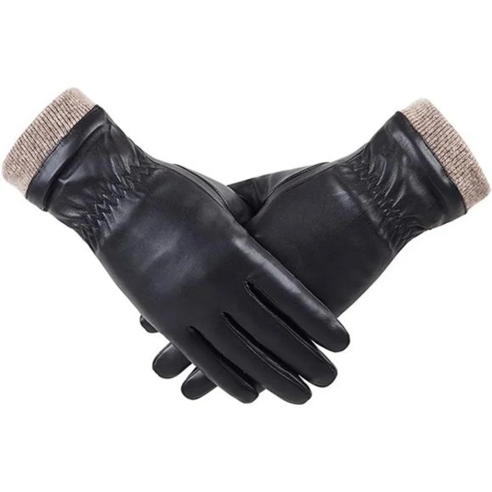Women's Winter Leather Gloves Wool Fleece Lined Warm Gloves, Black