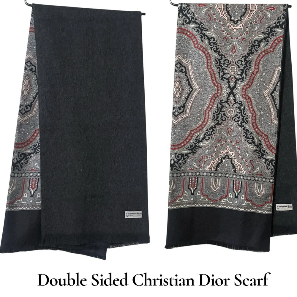 Christian Dior Double Sided Black & Gray Patterned Tuxedo Style Scarf 11