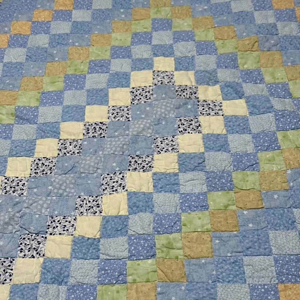 Vintage Handmade Baby /Child Quilt Blues Greens Floral Small Diamonds 60