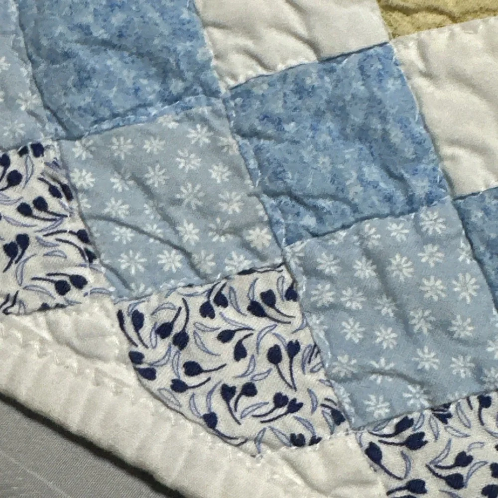 Vintage Handmade Baby /Child Quilt Blues Greens Floral Small Diamonds 60