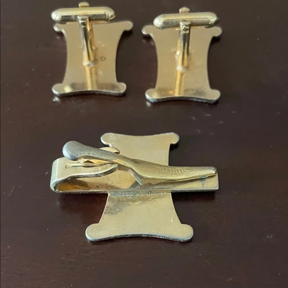 SWANK Gold and Black Warrior Cufflinks and Tie Clip Set