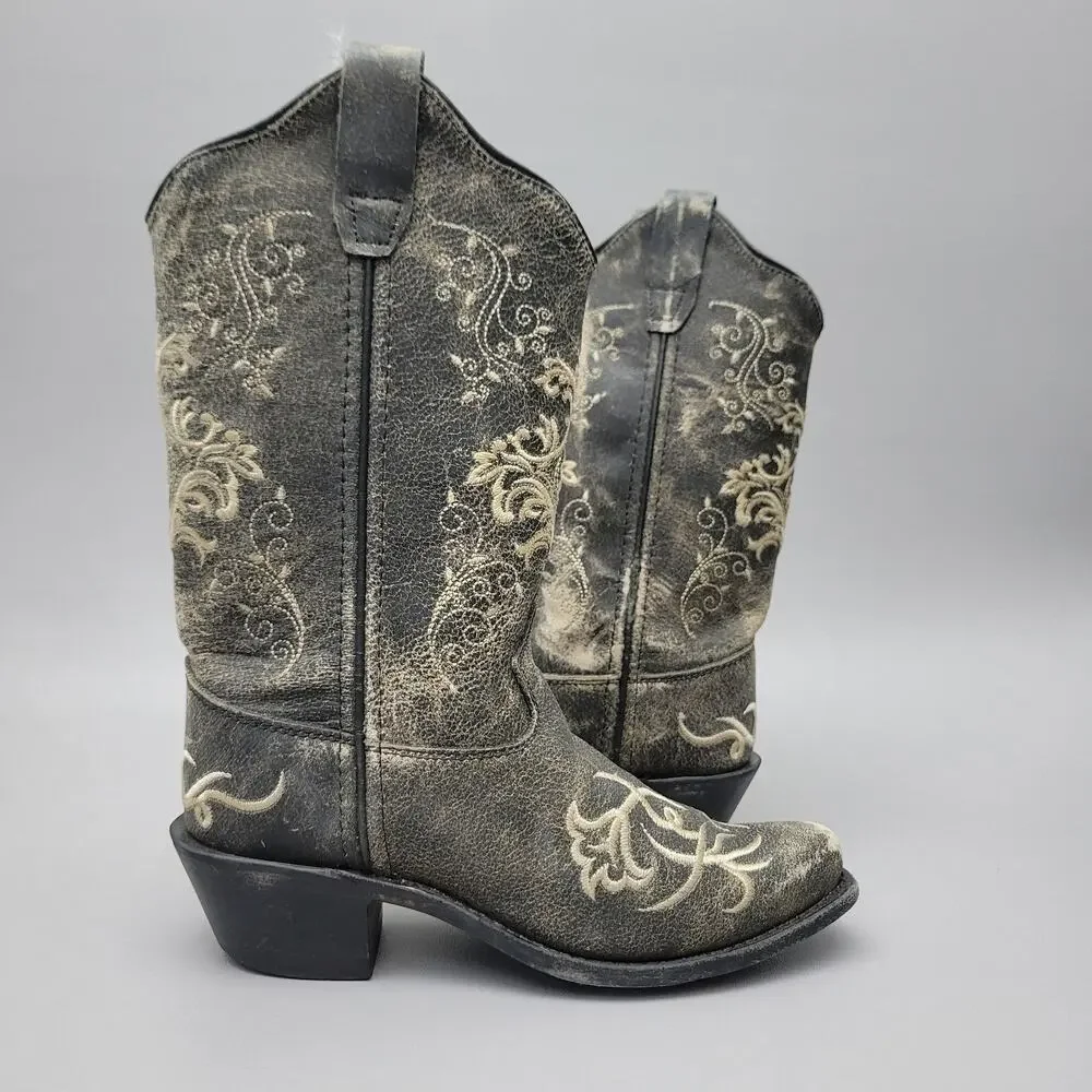 Old West Embroidered Leather Snip Toe Cowboy Boots Youth Kids Size 2.5 D Style