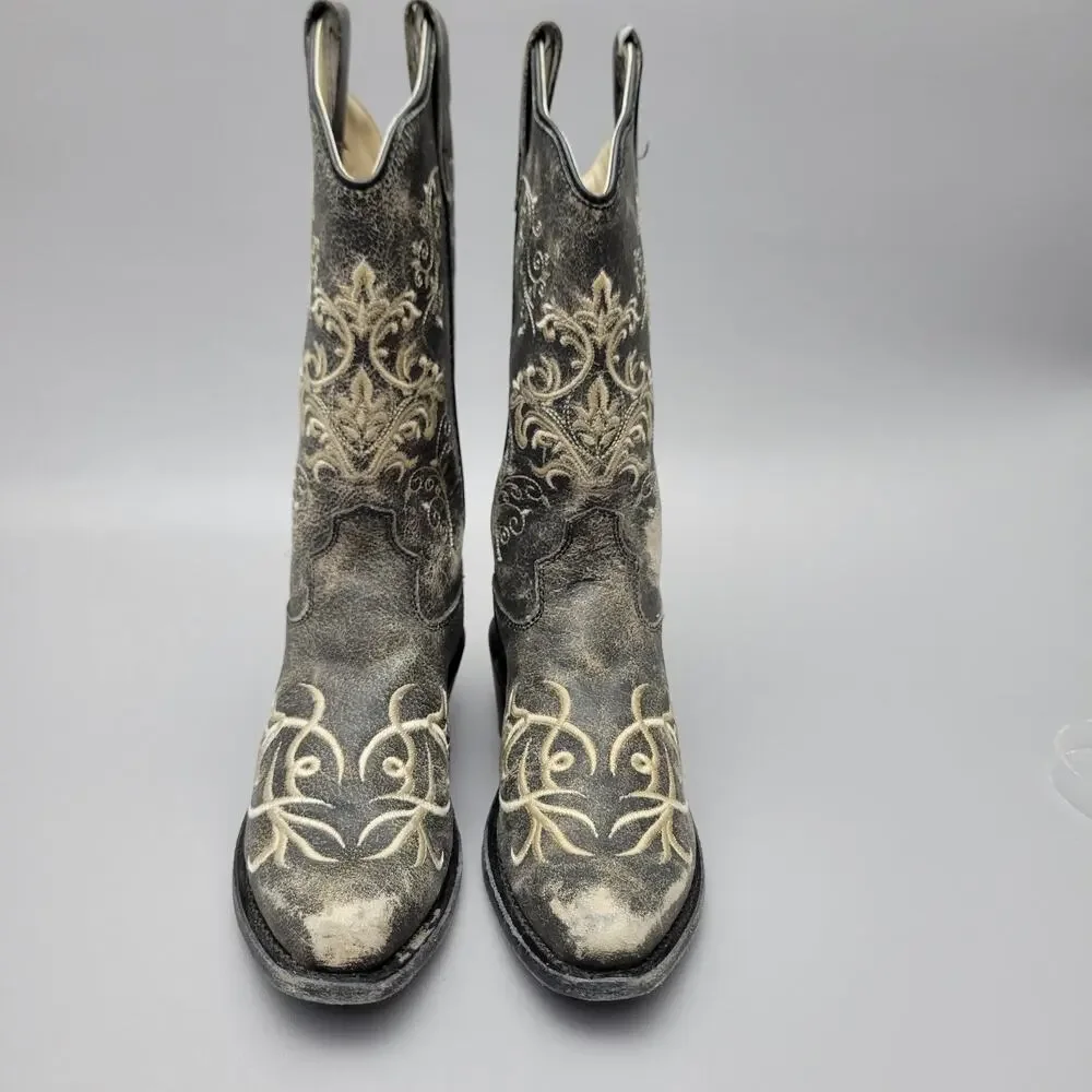 Old West Embroidered Leather Snip Toe Cowboy Boots Youth Kids Size 2.5 D Style