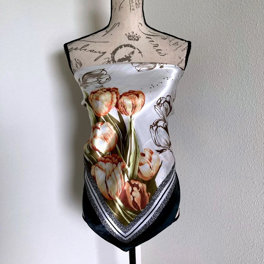 Floral print art Satin square Oversized boho hair neck scarf Romantic preppy 💖