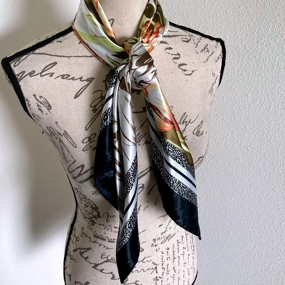 Floral print art Satin square Oversized boho hair neck scarf Romantic preppy 💖