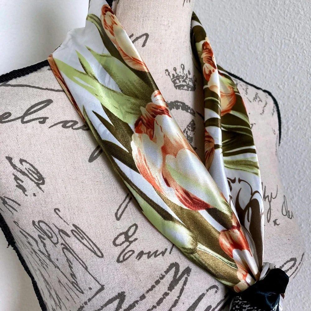 Floral print art Satin square Oversized boho hair neck scarf Romantic preppy 💖