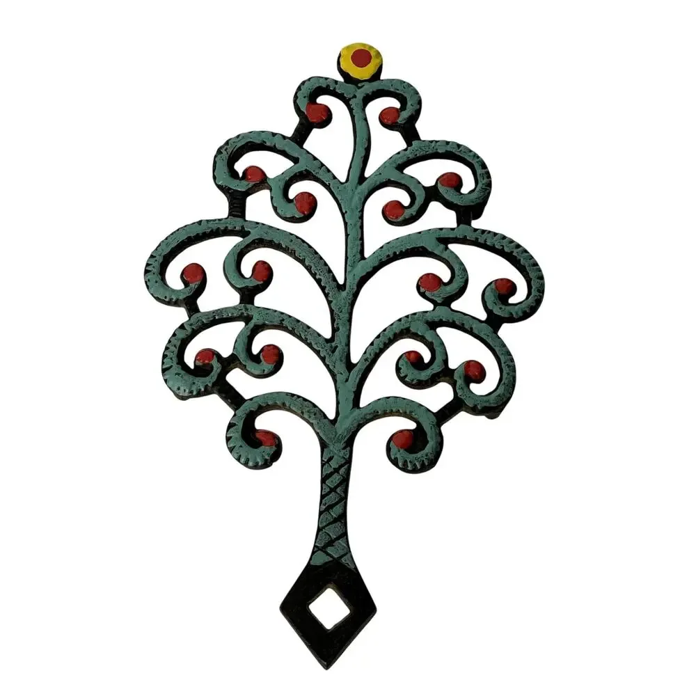 Vintage Cast Iron Family Tree Trivet John Wright Painted Mint Green Red Yellow