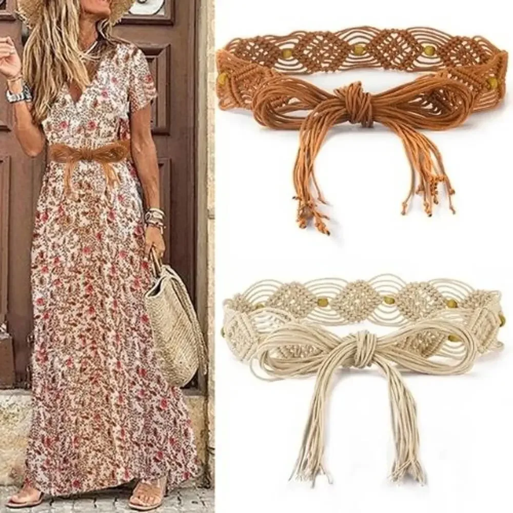2/$30 NEW Thin Rope Belt Tie Up Bohemian Pearls Braided Dress Waistband Macrame
