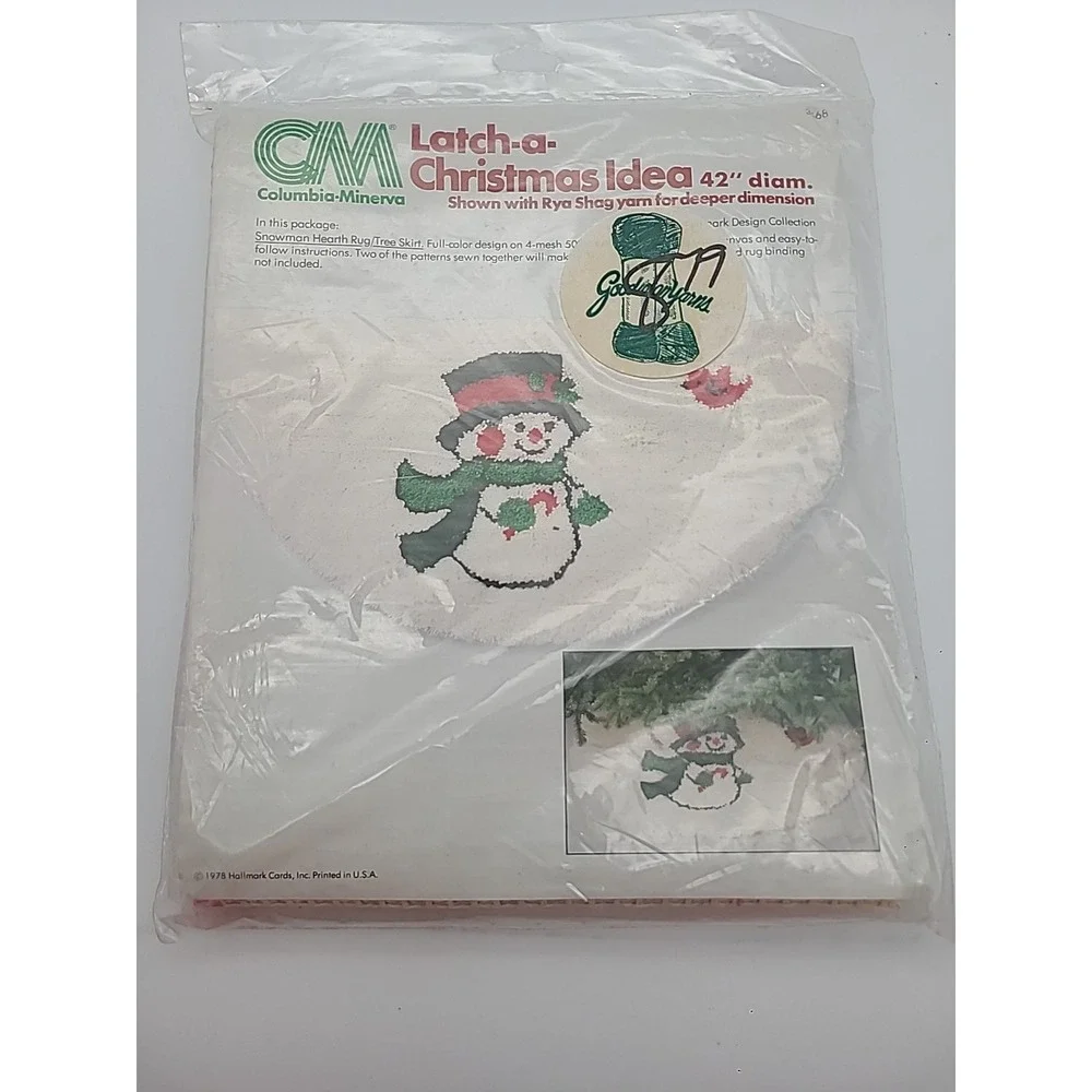 Latch Hook Snowman Hearth Rug Xmas‎ Tree Skirt CM Columbia Minerva READ NOS Vtg