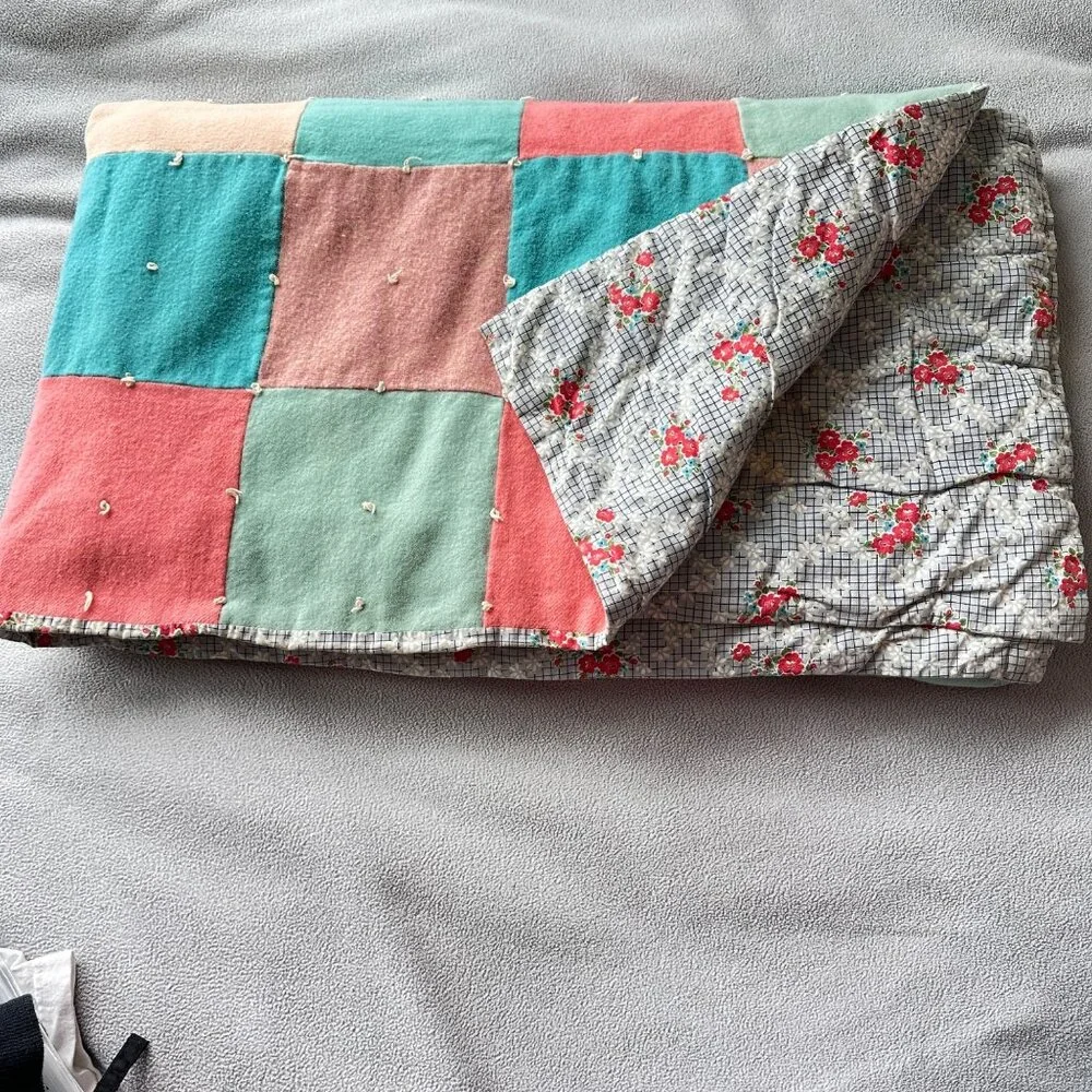 Vtg Quilt Handmade Wool Square Block Wool Cabin Rustic Natural 48x64 Calico Back
