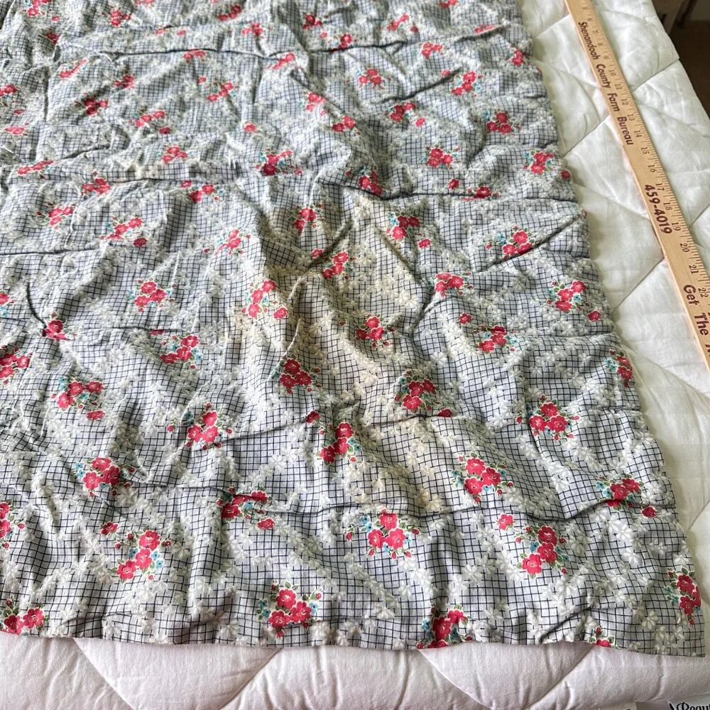 Vtg Quilt Handmade Wool Square Block Wool Cabin Rustic Natural 48x64 Calico Back