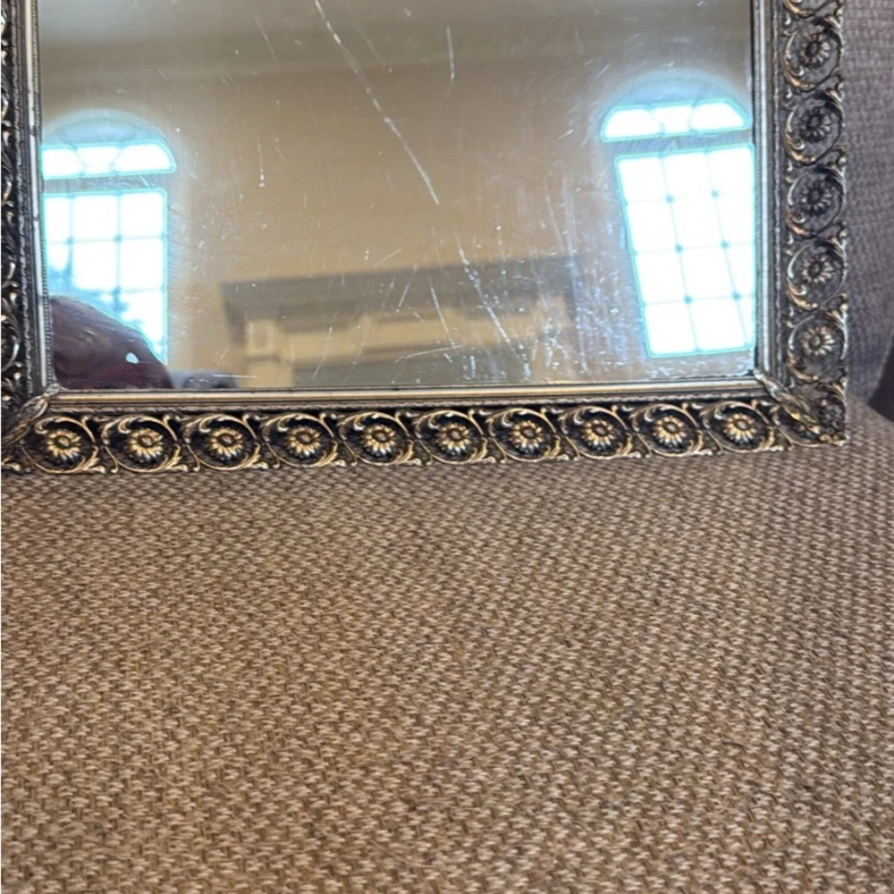 Vintage Brass gold tone filigree, ornate dresser vanity mirror tray
