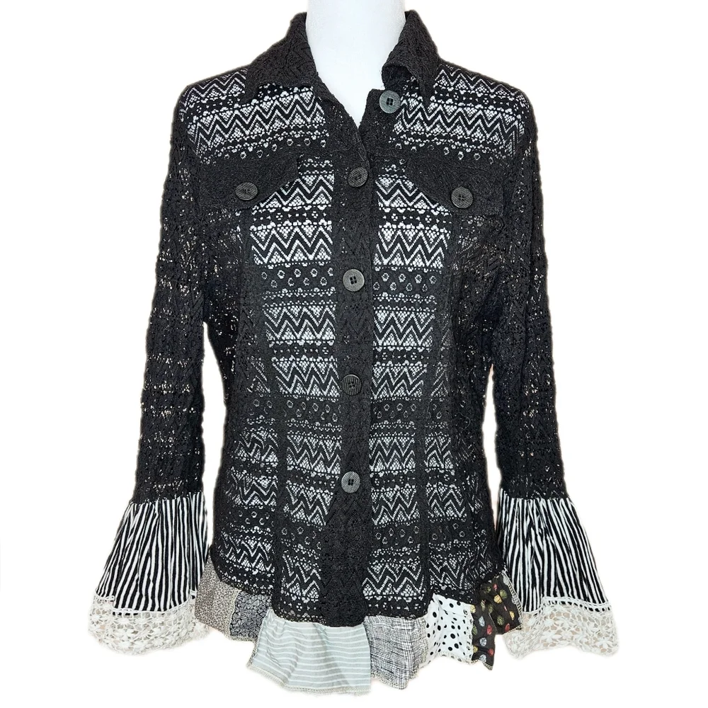 N Touch Black Lace Patchwork Top Women's Medium Button Up Flare Sleeves Goth Alt