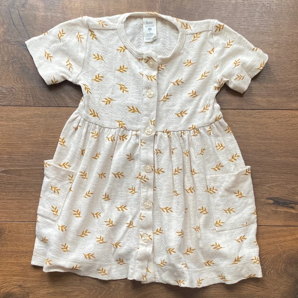 Kate Quinn Cream Dress with Gold Leaf Pattern 12-18 months Organic Cotton