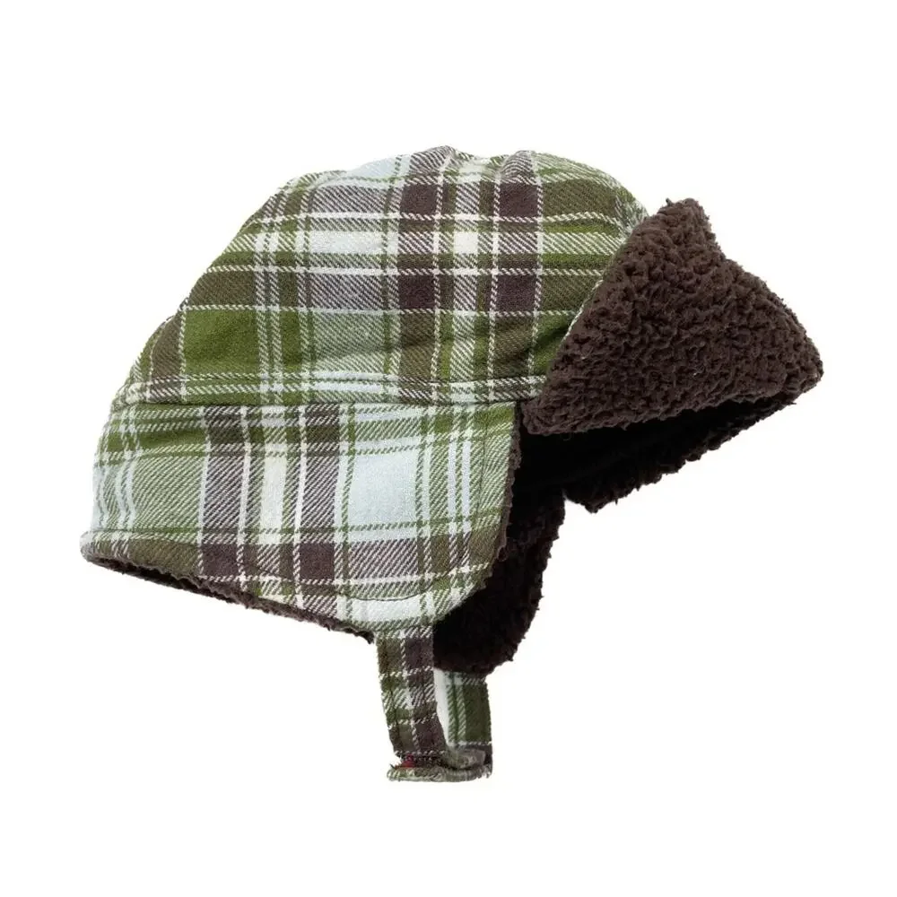 Gymboree Plaid Trapper Hat Green Brown Fleece Lined Winter 3-6 Months Baby