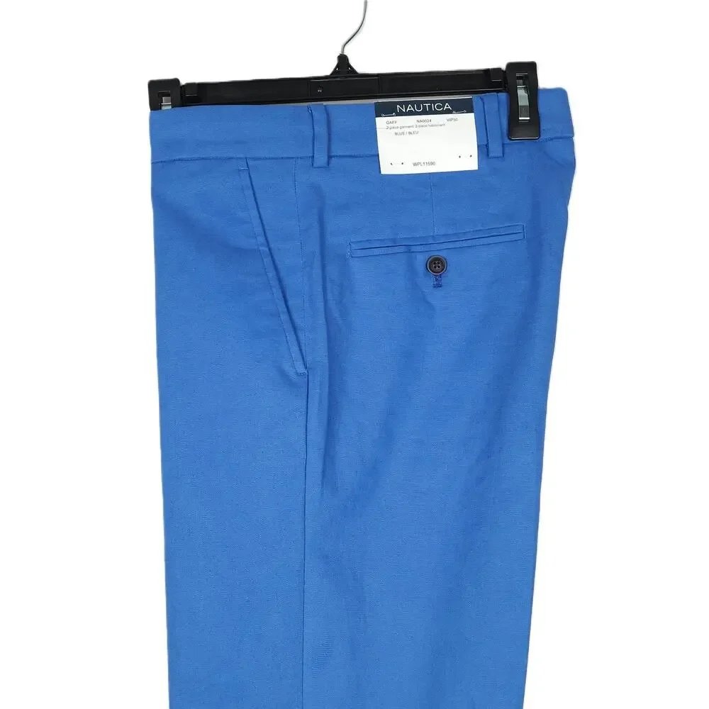 Nautica Mens Modern Fit 2 Piece Suit 36R 30x32 Blue Solid Stretch Linen Cotton