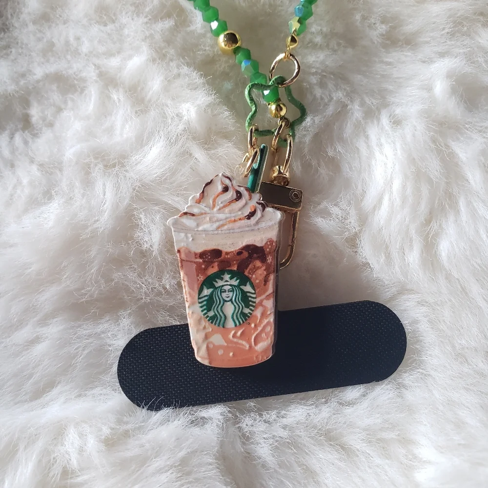 Green and Gold Beaded Phone Holder Keychain with Coffee Charm.