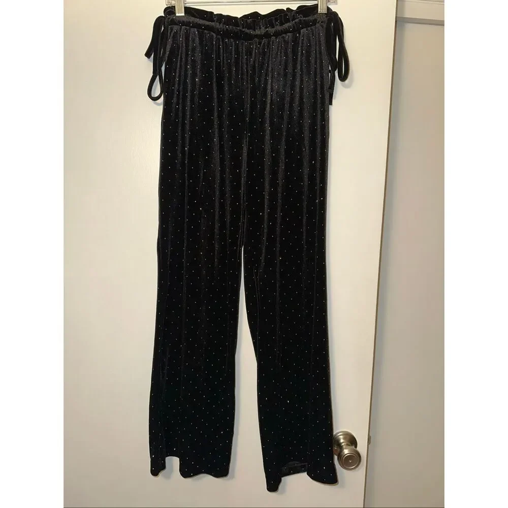 SHEIN Women’s Small Black Velvet Side Tie Rhinestone Detail Pants EUC