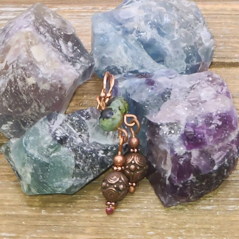 African Turquoise and Copper Dangle and Drop Earrings