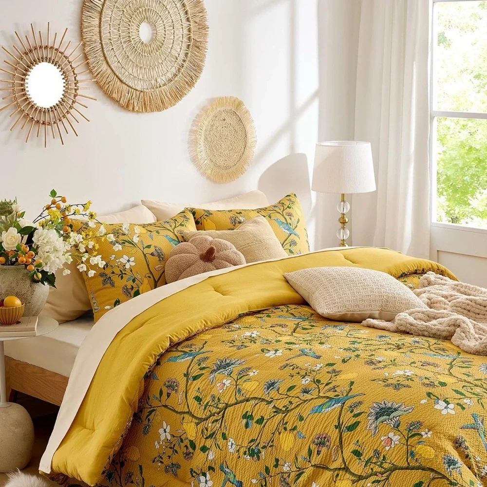 NEW Anthro Yellow Seersucker Floral Queen King Boho Comforter Bedding Sham Set